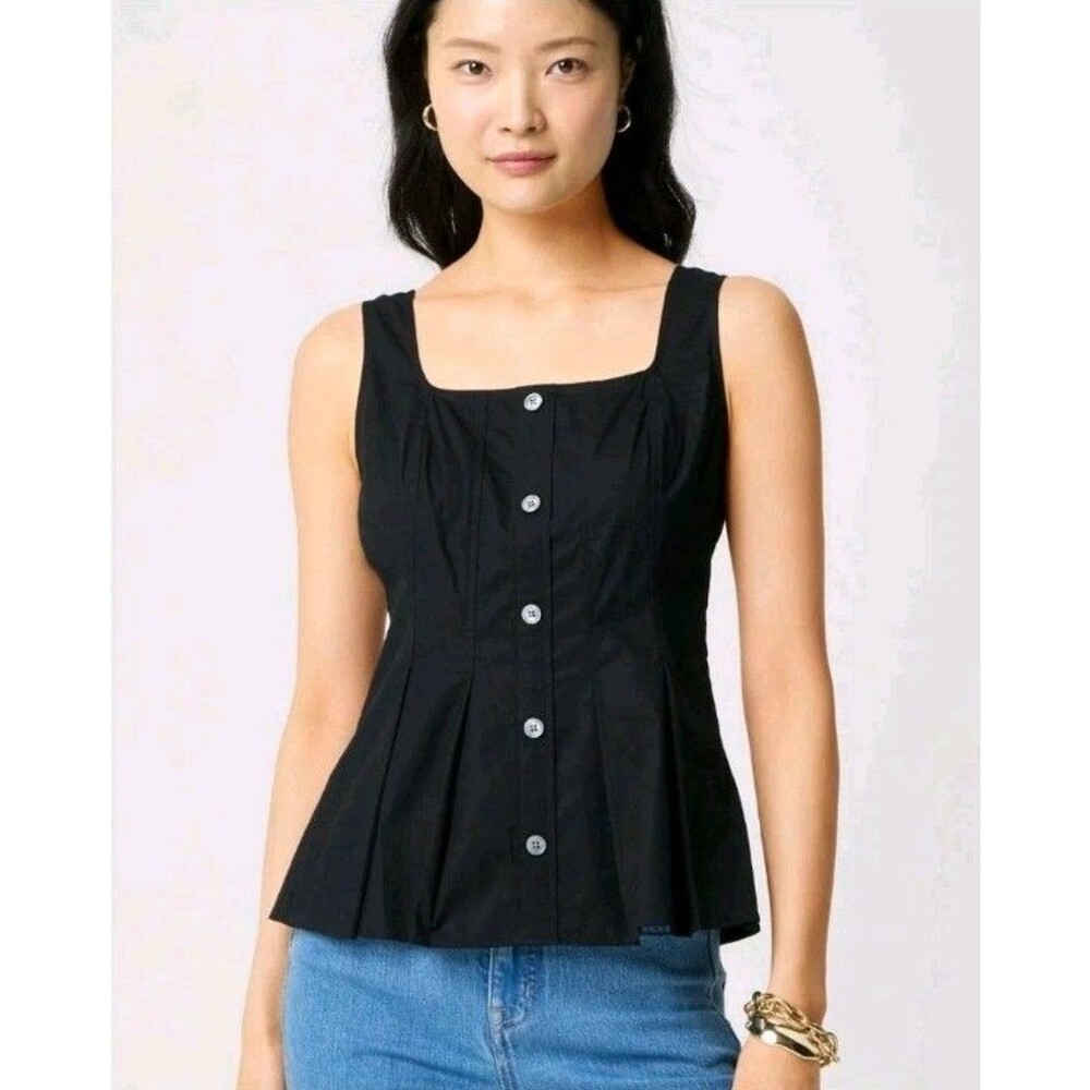 J.Crew Sleeveless Button-up Peplum Top Black Squareneck CK740 Size 10 NWT